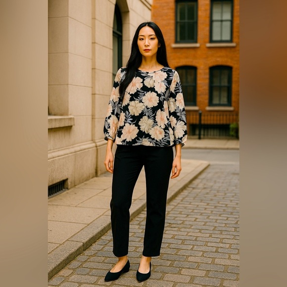 Calvin Klein Floral Blouse Semi Sheer 3/4 Sleeves Black and Cream Size 2X - Picture 1 of 6